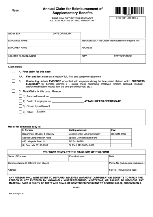 Fillable Form Mn Ac03 - Annual Claim For Reimbursement Of Supplementary Benefits Printable pdf