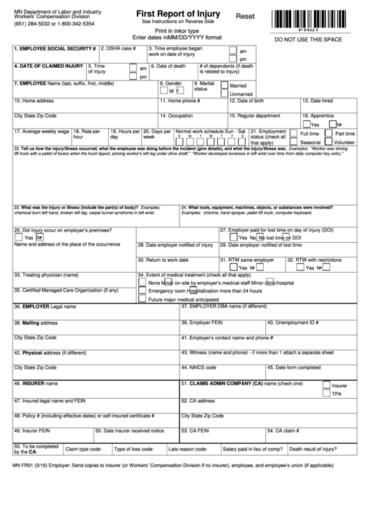 Fillable Form Mn Fr01 - First Report Of Injury - Minnesota Department Of Labor And Industry Printable pdf