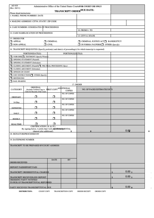 Fillable Form Ao 435 - Transcript Order - 2011 Printable pdf