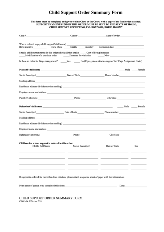 Child Support Order Summary Form Printable pdf