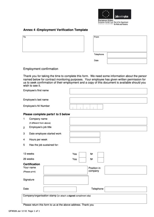 Employment Verification Template Printable pdf