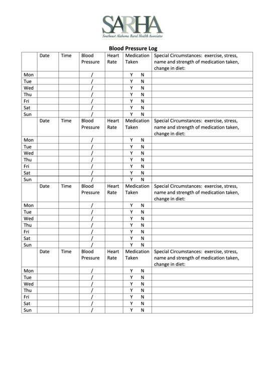 Blood Pressure Log Printable pdf