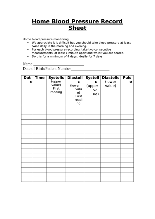 Home Blood Pressure Record Sheet Printable pdf