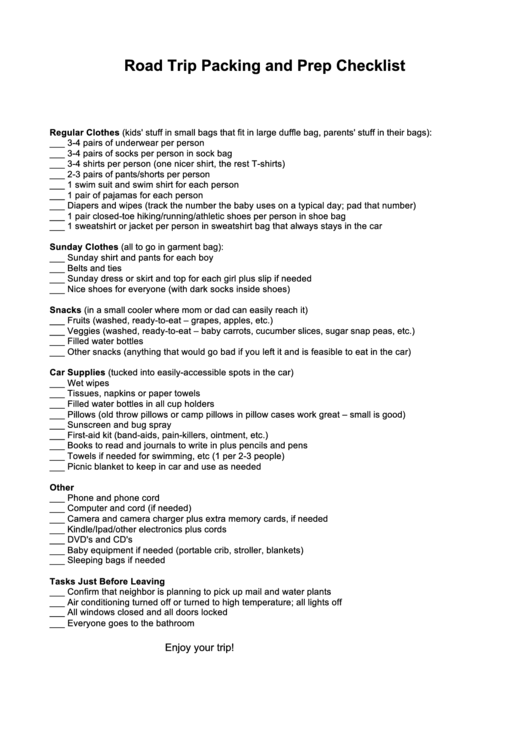 Road Trip Packing And Prep Checklist Template