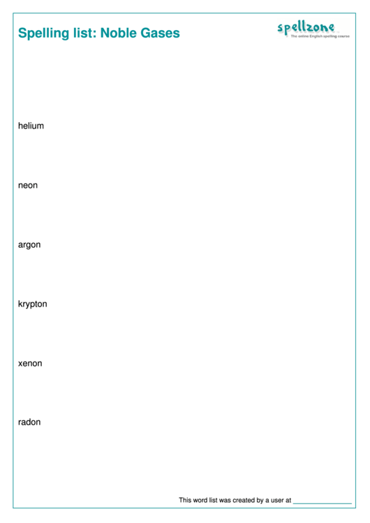 Spelling List - Noble Gases Printable pdf