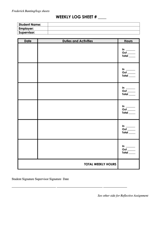 Weekly Log Sheet printable pdf download