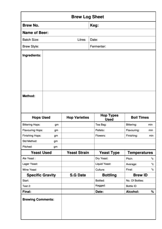Brew Log Sheet Printable pdf
