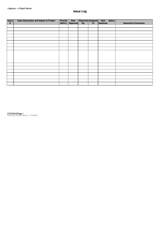 Issue Log Template Printable pdf