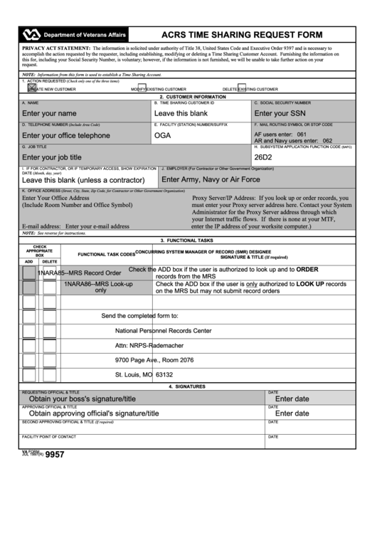 Va Form 9957 - Acrs Time Sharing Request Form Printable pdf