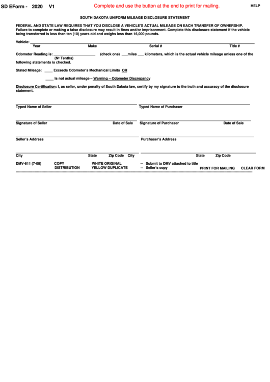 Fillable South Dakota Uniform Mileage Disclosure Statement Printable pdf