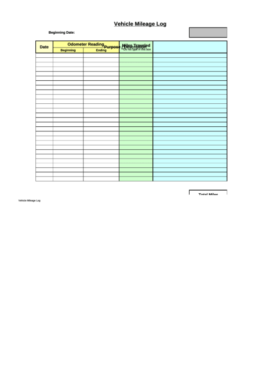Vehicle Mileage Log Sheet - Large Printable pdf