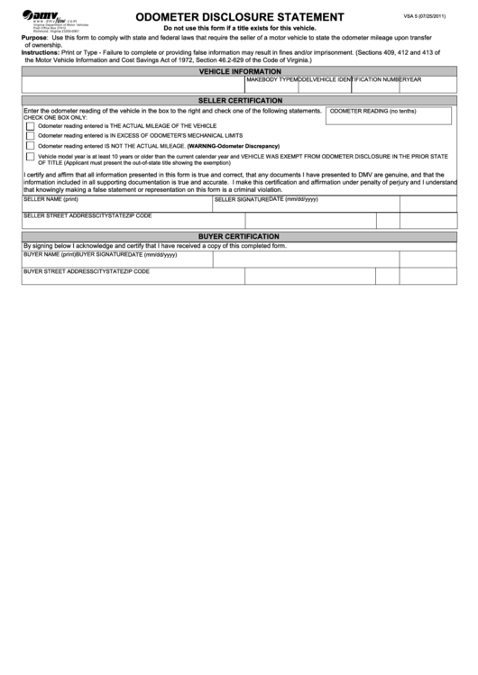 Fillable Odometer Disclosure Statement Printable pdf