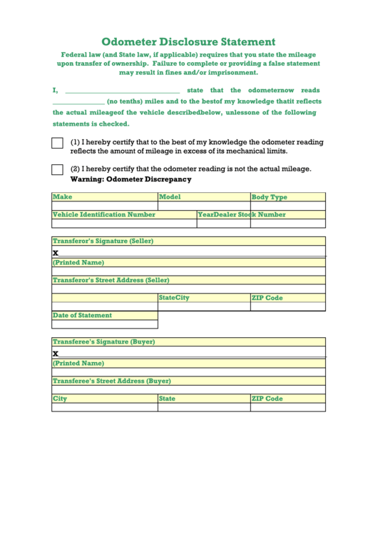 Fillable Odometer Disclosure Statement printable pdf download