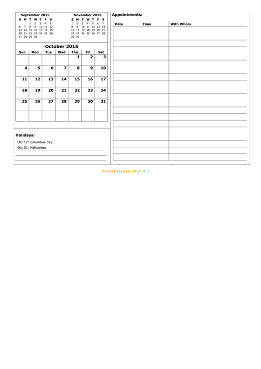 October 2015 Monthly Calendar Template Printable pdf