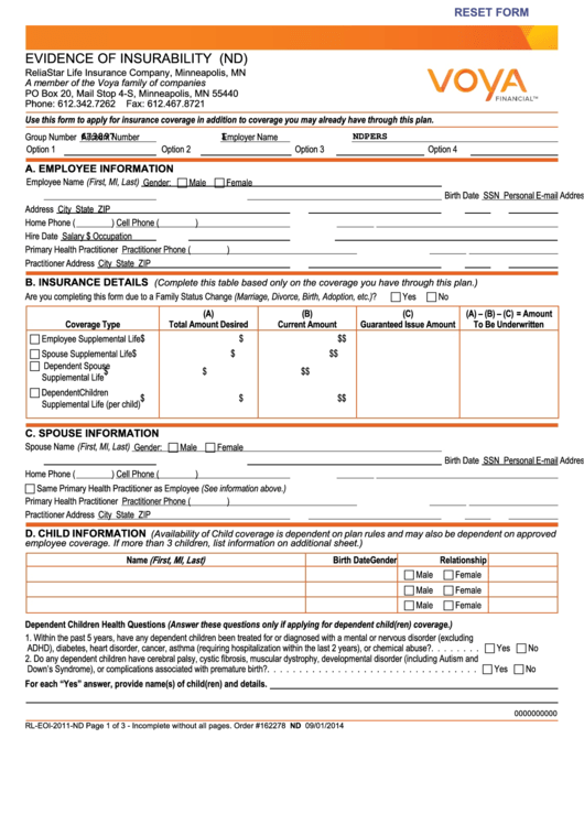Fillable Evidence Of Insurability Form Printable pdf