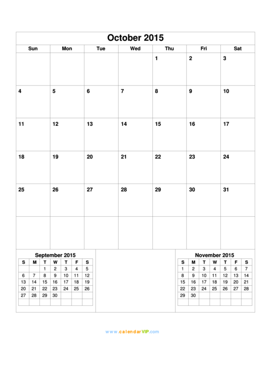 Monthly Calendar Template - October 2015 Printable pdf