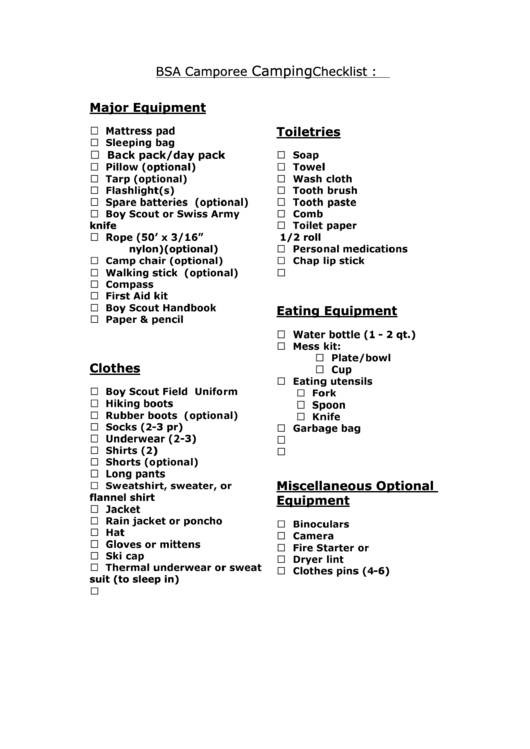 Bsa Camporee Camping Checklist Printable pdf