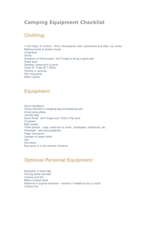 Camping Equipment Checklist Printable pdf