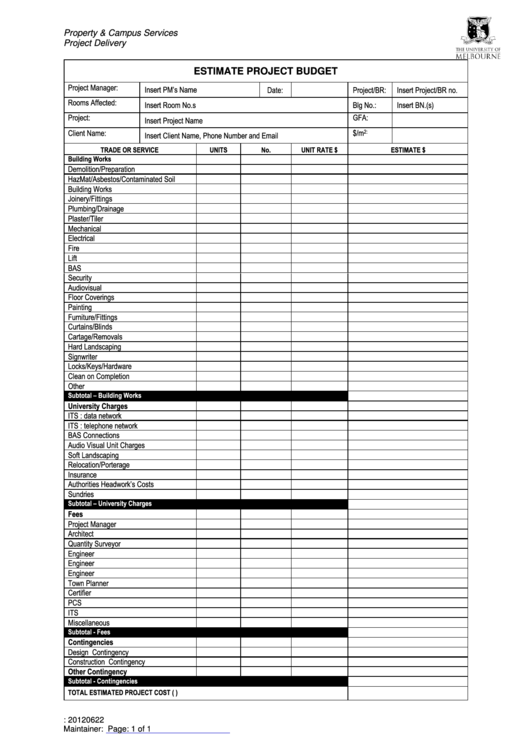 Estimate Project Budget Template Printable pdf
