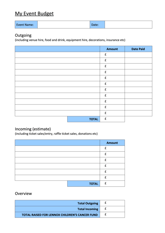 My Event Budget Template printable pdf download