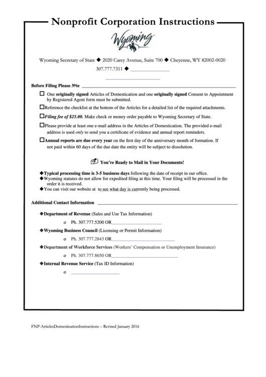 Fillable Foreign Nonprofit Corporation Articles Of Domestication - Wyoming Secretary Of State Printable pdf
