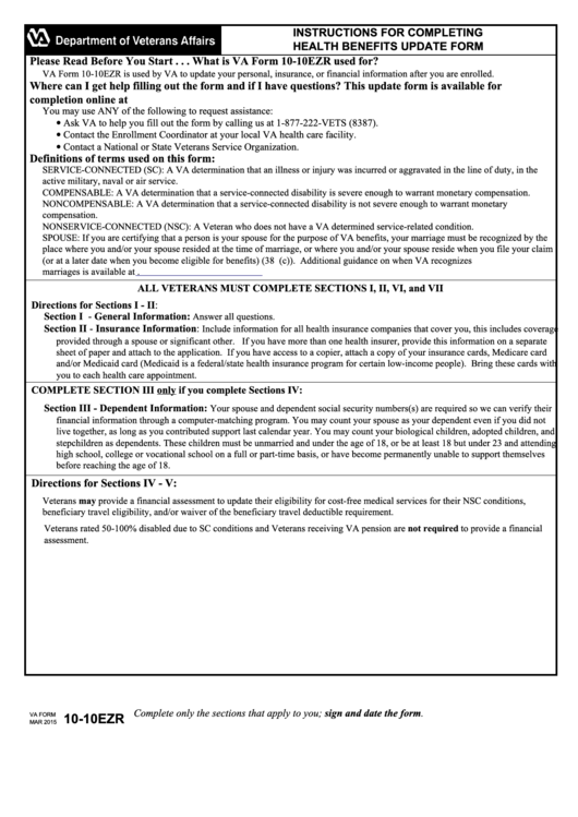 Fillable Va Form 10-10ezr - Health Benefits Update Form Printable pdf