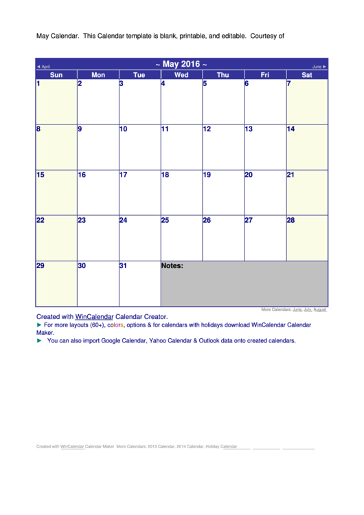 May 2016 Calendar Template Printable pdf