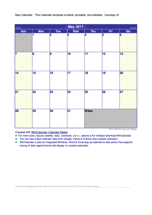 May 2017 Calendar Template Printable pdf