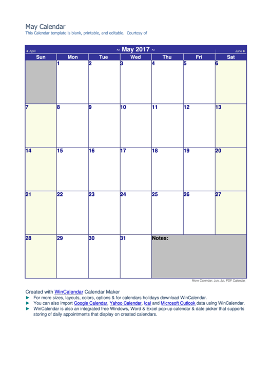 May 2017 Calendar Template Printable pdf