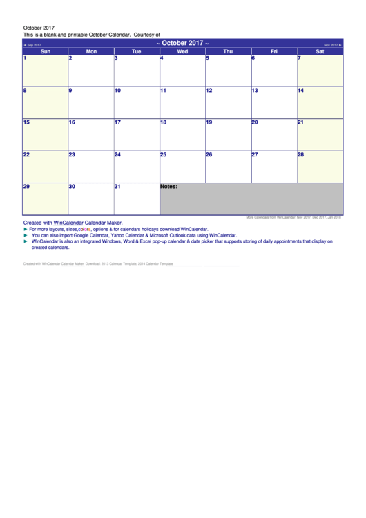 October 2017 Calendar Template Printable pdf