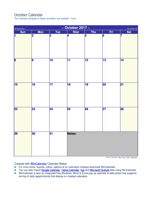October 2017 Calendar Template printable pdf download