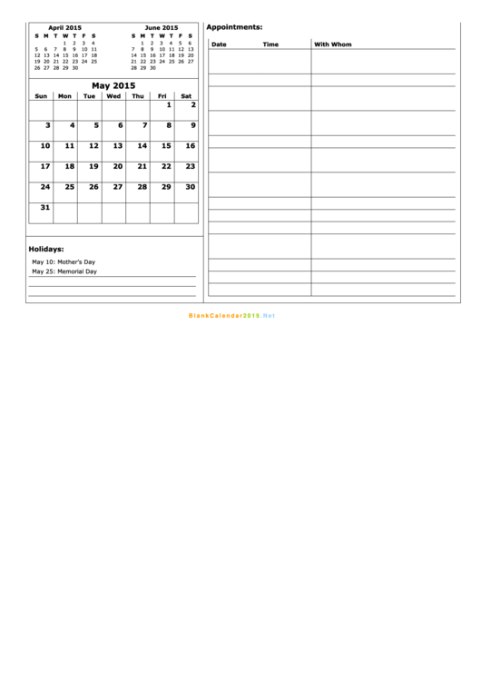 May 2015 Monthly Calendar Template
