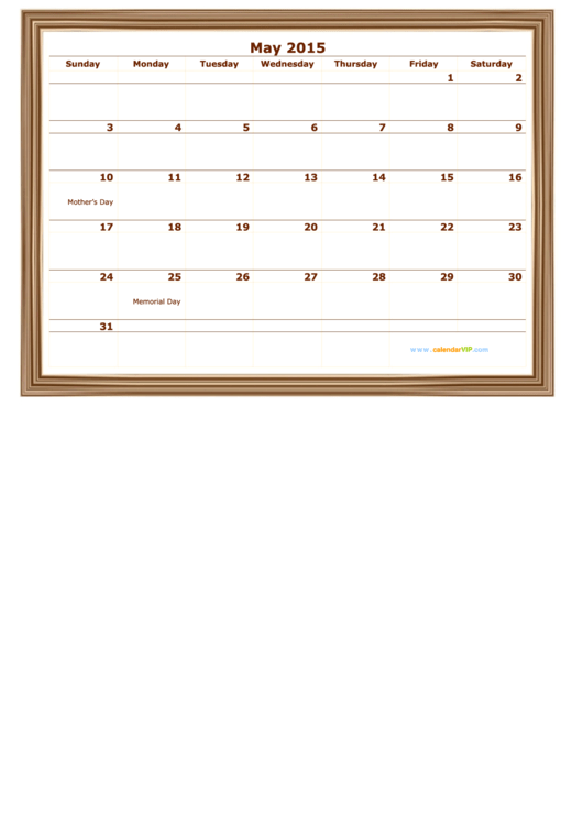 May 2015 Monthly Calendar Template Printable pdf