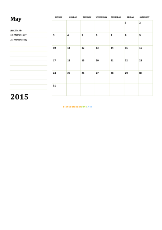 May 2015 Calendar Template Printable pdf