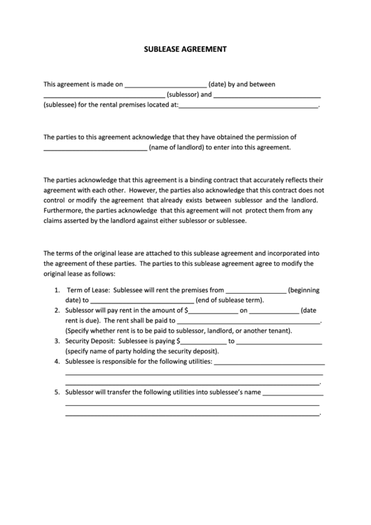 Fillable Sublease Agreement Template Printable pdf