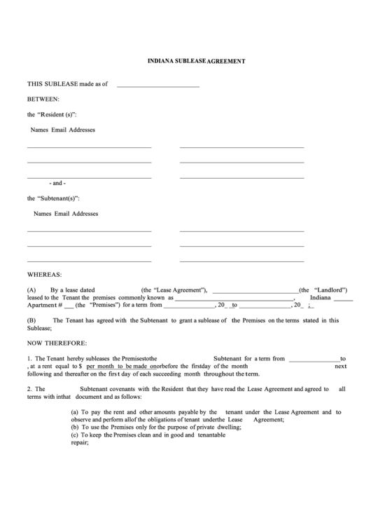 Fillable Indiana Sublease Agreement Template printable pdf download