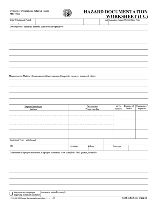 Hazard Documentation Worksheet Printable pdf
