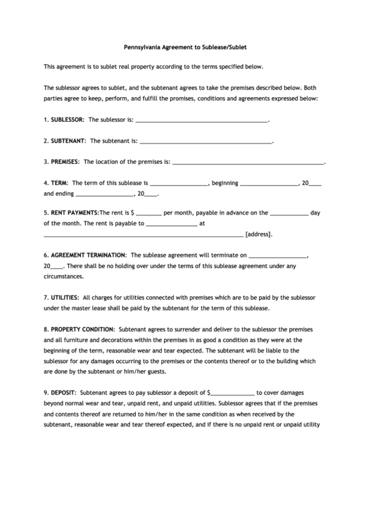 Fillable Pennsylvania Agreement To Sublease/sublet Form Printable pdf