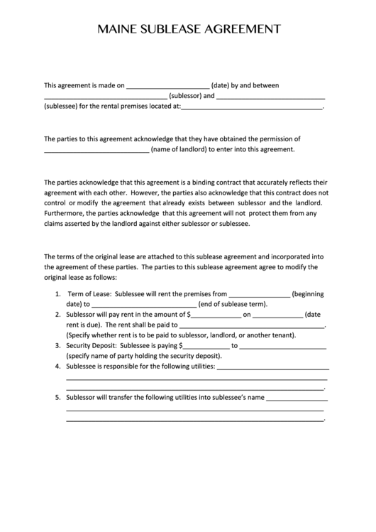 Fillable Maine Sublease Agreement Template Printable pdf