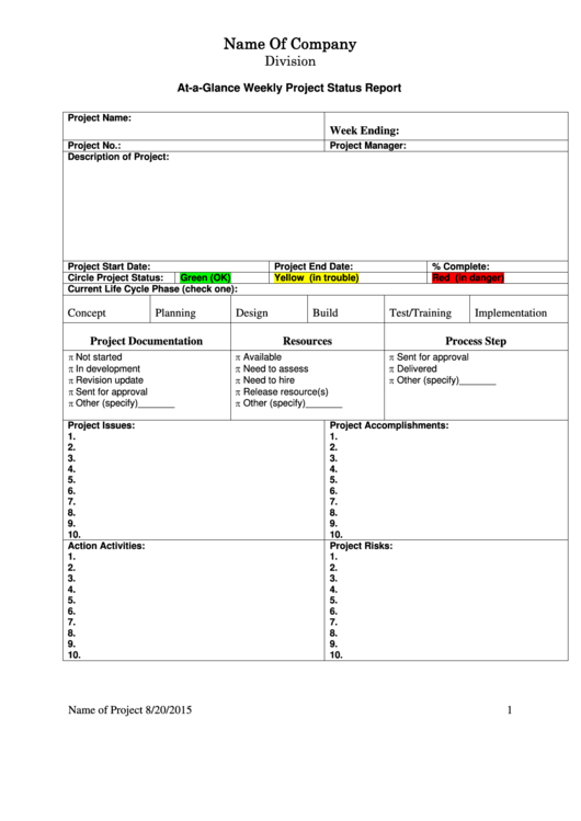 At-A-Glance Weekly Project Status Report Printable pdf