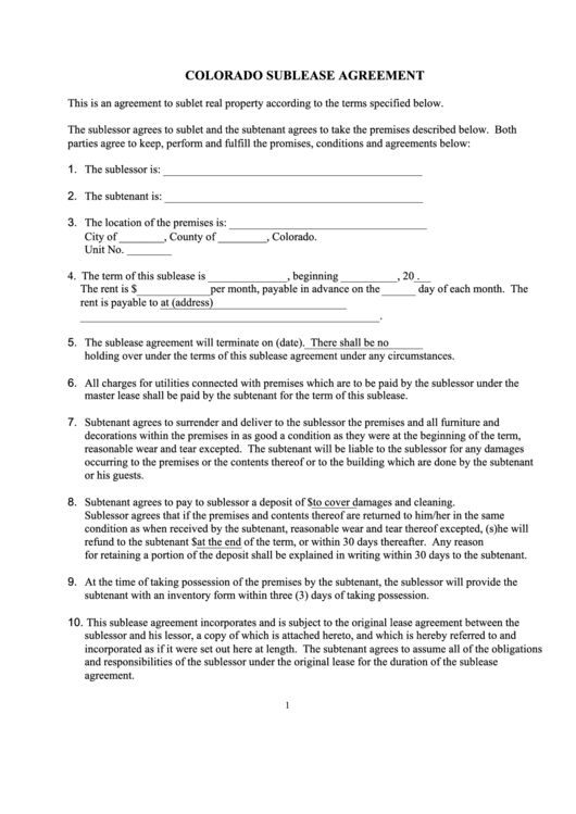 Fillable Colorado Sublease Agreement Template printable pdf download Fillable Colorado Sublease Agreement Template printable pdf download