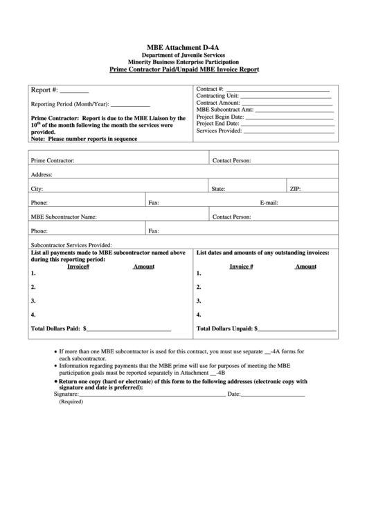 Prime Contractor Paid/unpaid Mbe Invoice Report Template Printable pdf