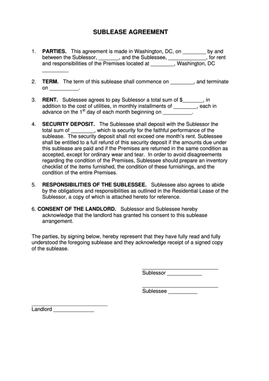 Sublease Agreement Template Printable pdf