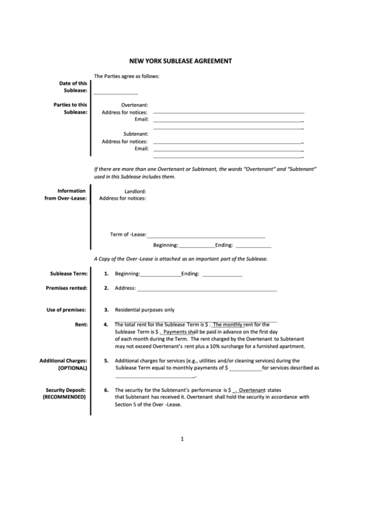 Fillable New York Sublease Agreement Printable pdf