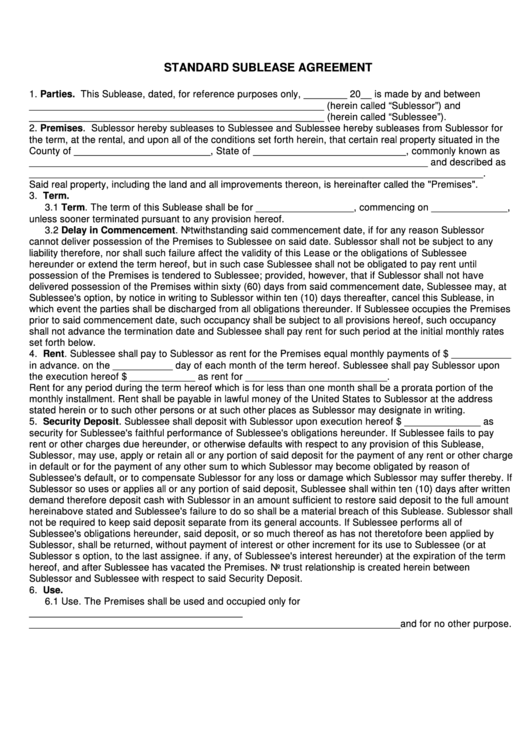 Fillable Standard Sublease Agreement Printable pdf