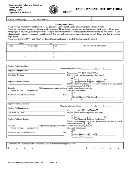 Fillable Employment History Form Printable pdf