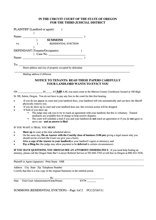 Summons Residential Eviction Printable pdf