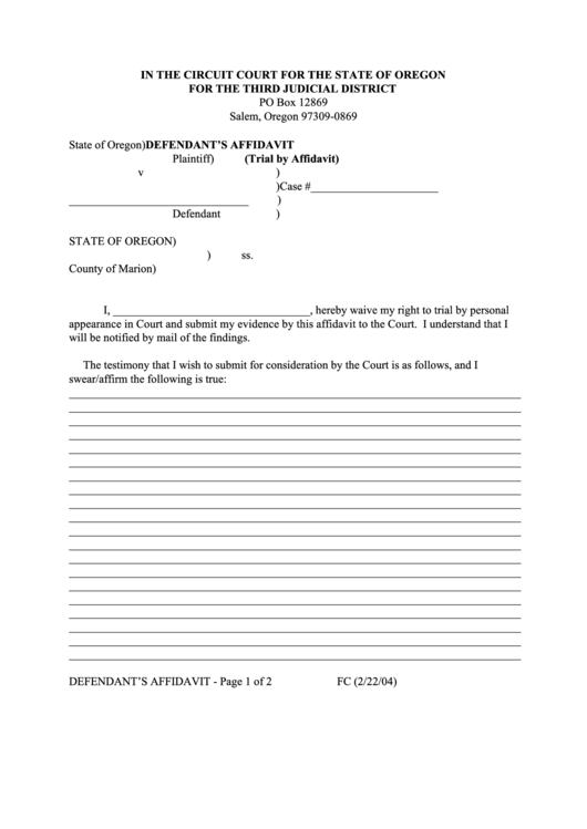 Defendant Affidavit Printable pdf
