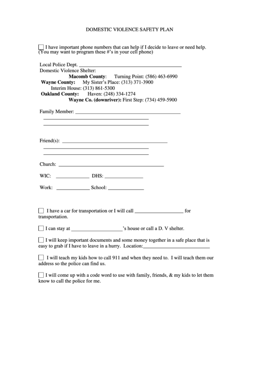 Domestic Violence Safety Plan Printable Pdf Download