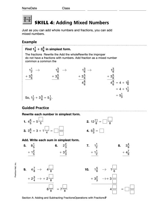 Skill 4: Adding Mixed Numbers Printable pdf